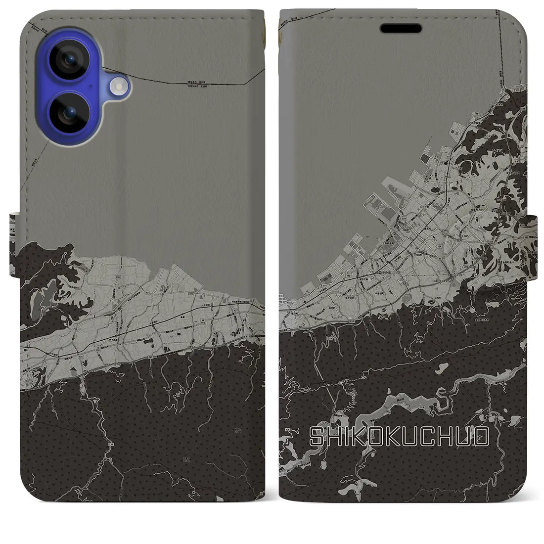 【四国中央(愛媛県)】地図柄iPhoneケース(手帳タイプ)モノトーン・iPhone 16 Pro Max 用