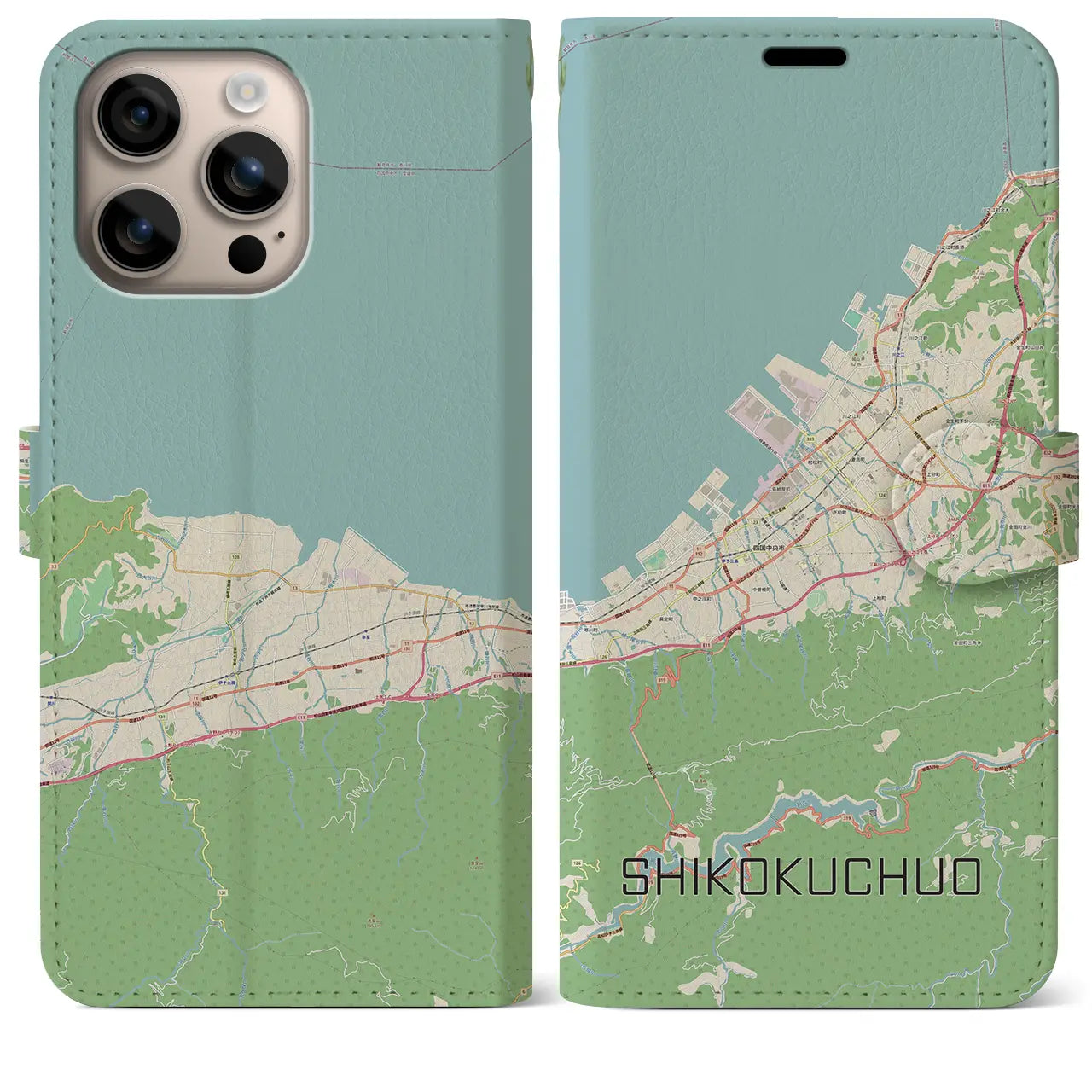 【四国中央（愛媛県）】地図柄iPhoneケース（手帳タイプ）ナチュラル・iPhone 16 Plus 用