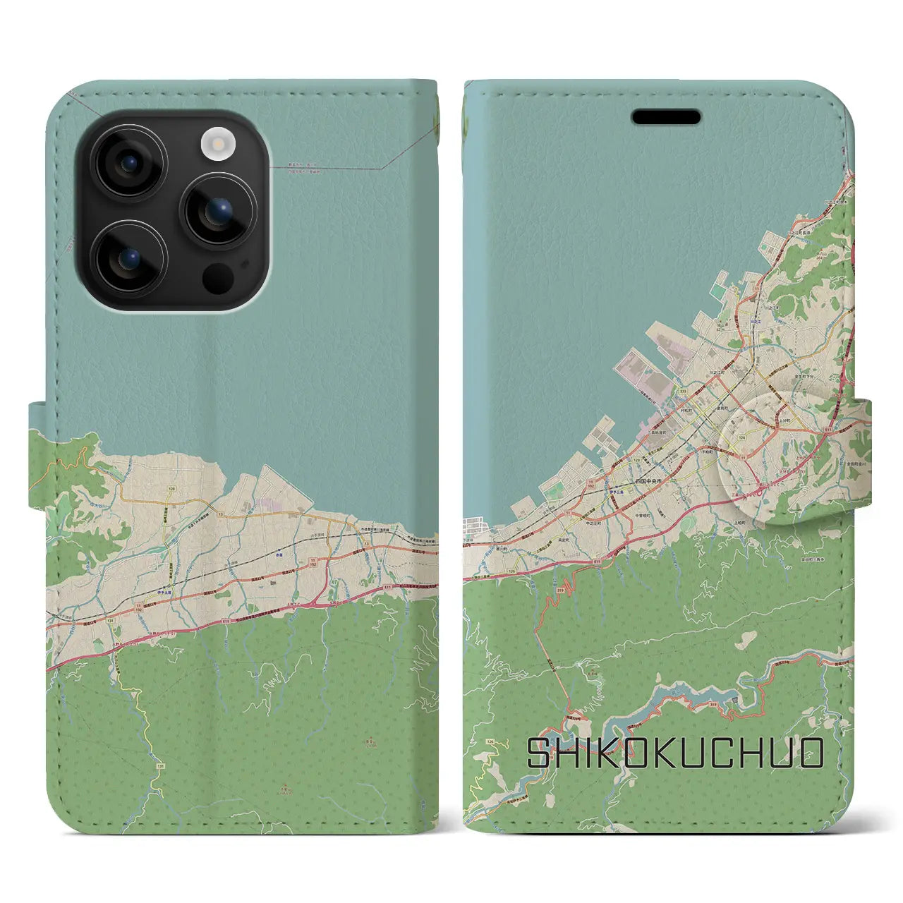 【四国中央（愛媛県）】地図柄iPhoneケース（手帳タイプ）ナチュラル・iPhone 16 用