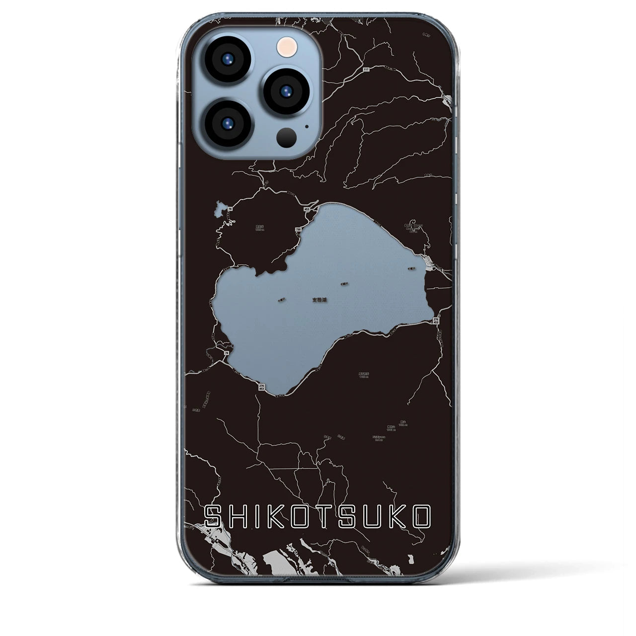 【支笏湖（北海道）】地図柄iPhoneケース（クリアタイプ）モノトーン・iPhone 13 Pro Max 用