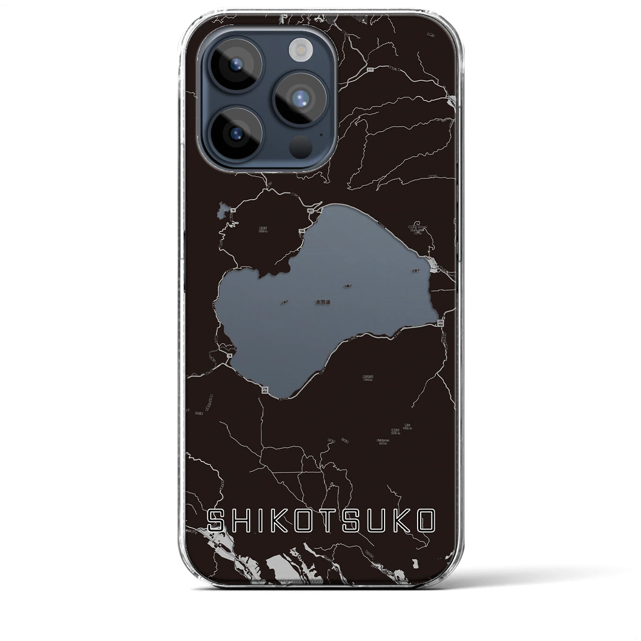 【支笏湖（北海道）】地図柄iPhoneケース（クリアタイプ）モノトーン・iPhone 15 Pro Max 用