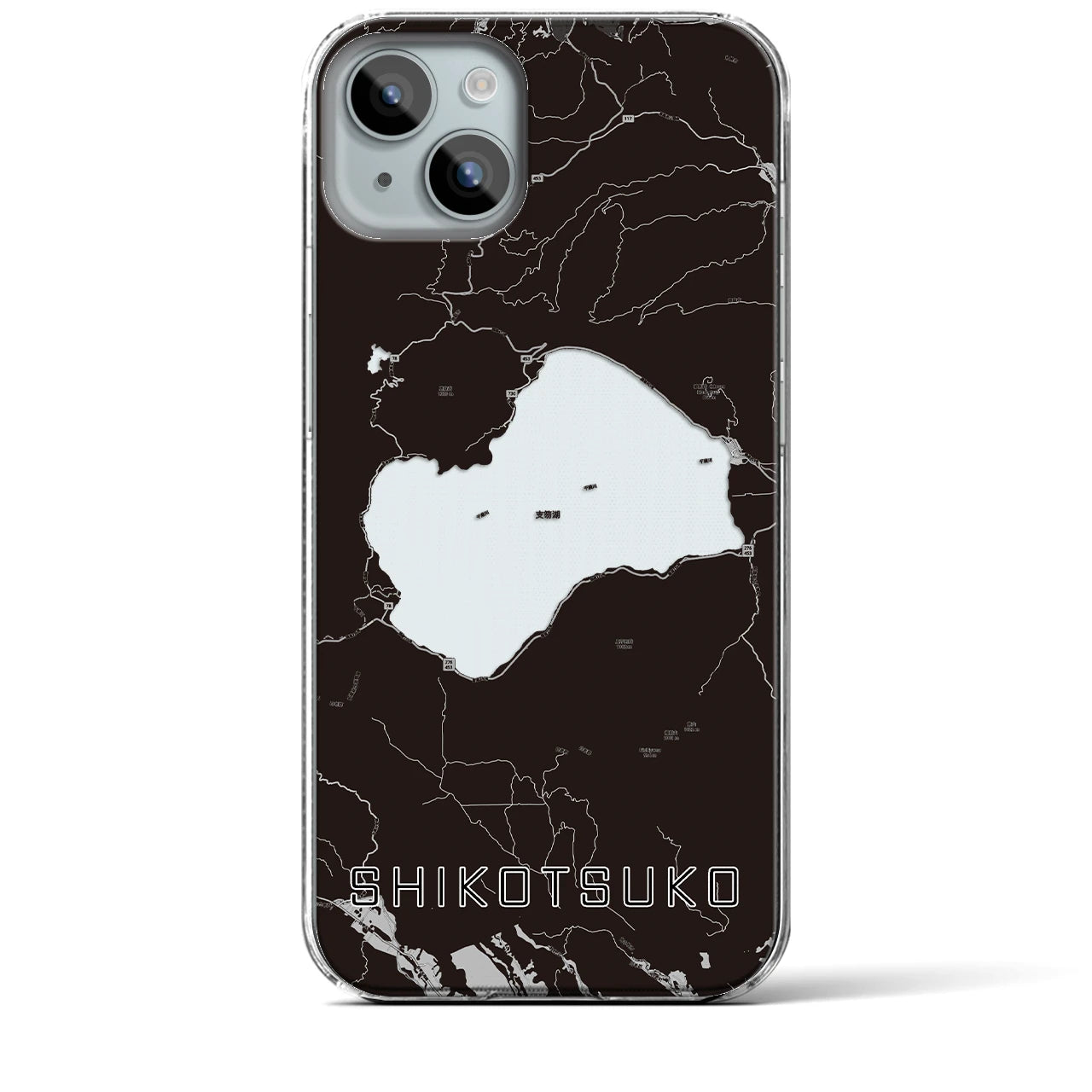 【支笏湖（北海道）】地図柄iPhoneケース（クリアタイプ）モノトーン・iPhone 15 Plus 用