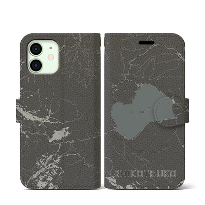 【支笏湖（北海道）】地図柄iPhoneケース（手帳タイプ）モノトーン・iPhone 12 mini 用