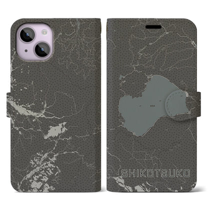 【支笏湖（北海道）】地図柄iPhoneケース（手帳タイプ）モノトーン・iPhone 14 用