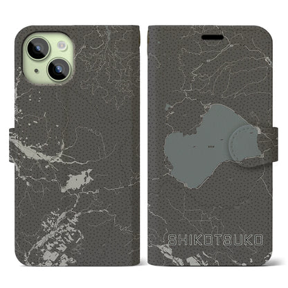 【支笏湖（北海道）】地図柄iPhoneケース（手帳タイプ）モノトーン・iPhone 15 用