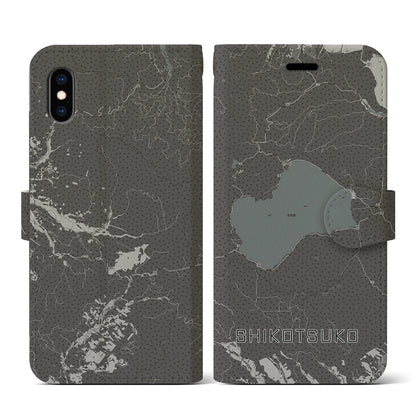 【支笏湖（北海道）】地図柄iPhoneケース（手帳タイプ）モノトーン・iPhone XS / X 用