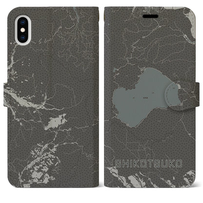 【支笏湖（北海道）】地図柄iPhoneケース（手帳タイプ）モノトーン・iPhone XS Max 用