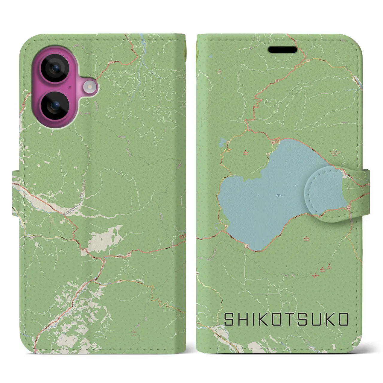 【支笏湖（北海道）】地図柄iPhoneケース（手帳タイプ）ナチュラル・iPhone 16 Pro 用