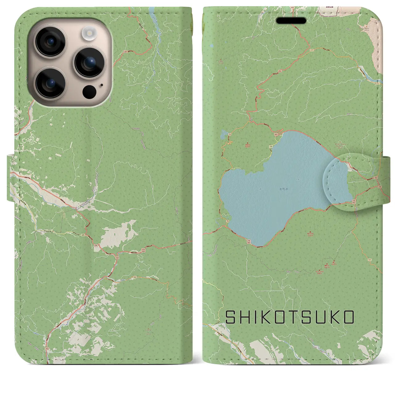 【支笏湖（北海道）】地図柄iPhoneケース（手帳タイプ）ナチュラル・iPhone 16 Plus 用