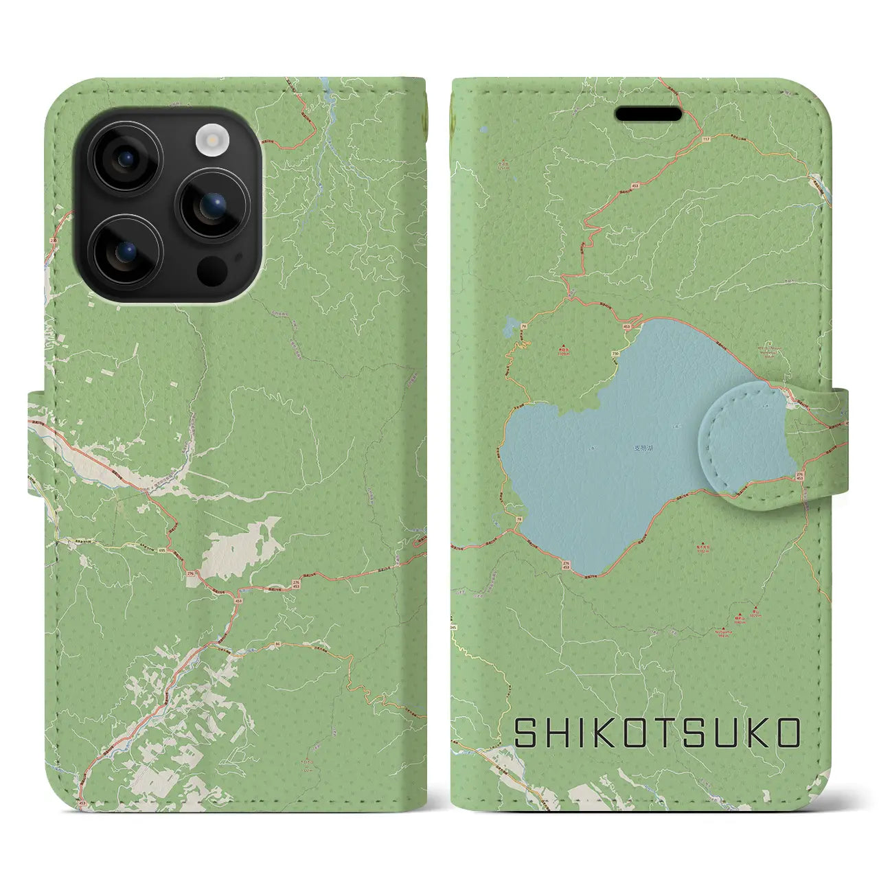 【支笏湖（北海道）】地図柄iPhoneケース（手帳タイプ）ナチュラル・iPhone 16 用