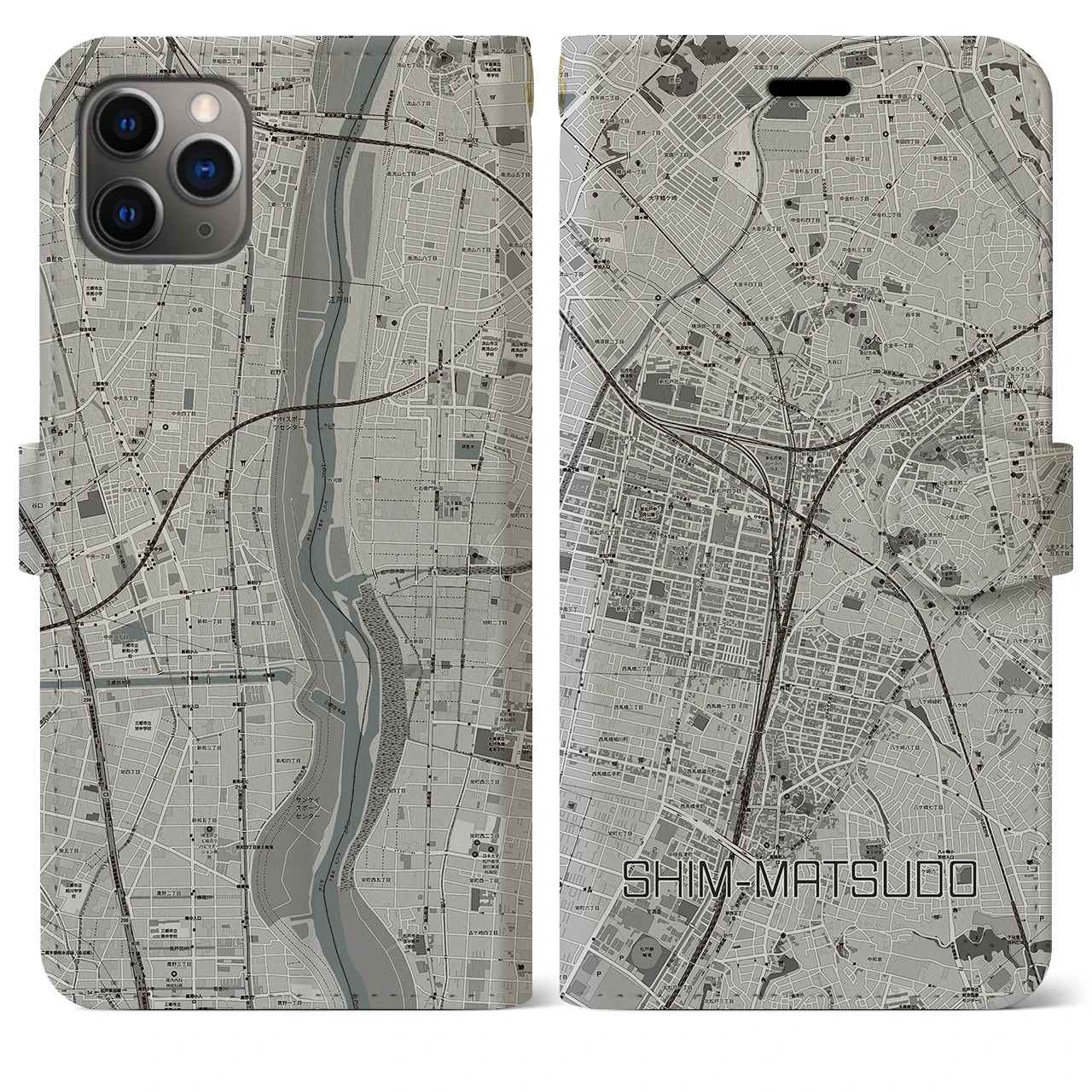 【新松戸】地図柄iPhoneケース（手帳両面タイプ・モノトーン）iPhone 11 Pro Max 用