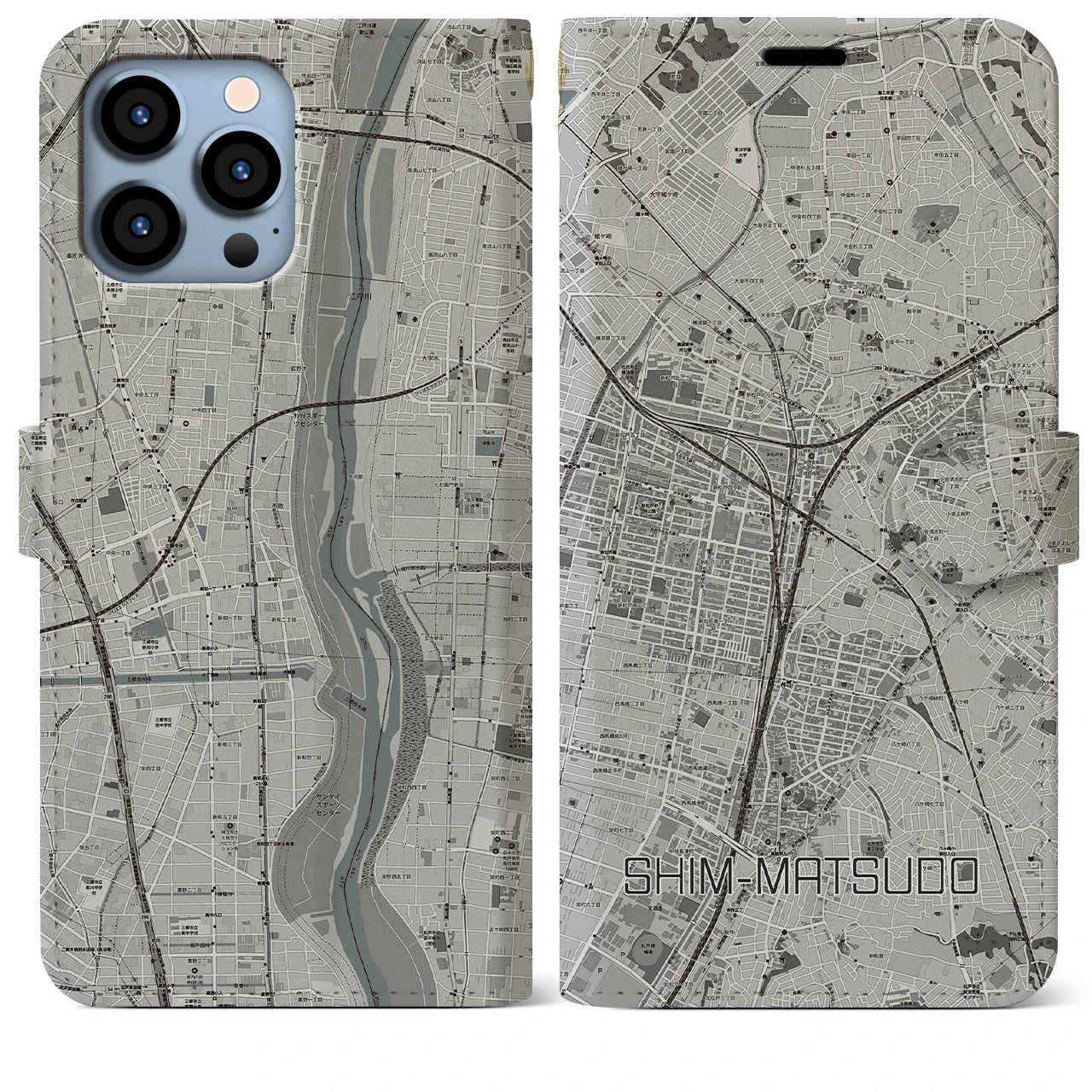 【新松戸】地図柄iPhoneケース（手帳両面タイプ・モノトーン）iPhone 13 Pro Max 用