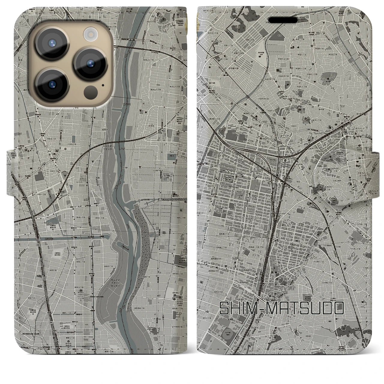 【新松戸】地図柄iPhoneケース（手帳両面タイプ・モノトーン）iPhone 14 Pro Max 用