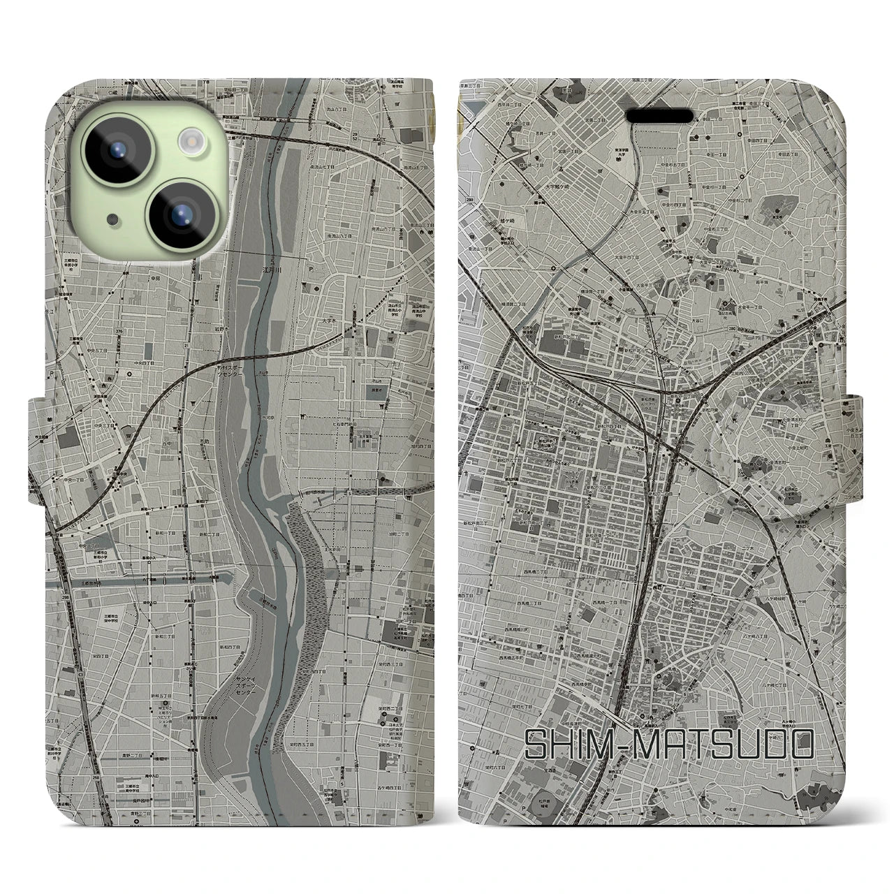 【新松戸】地図柄iPhoneケース（手帳両面タイプ・モノトーン）iPhone 15 用