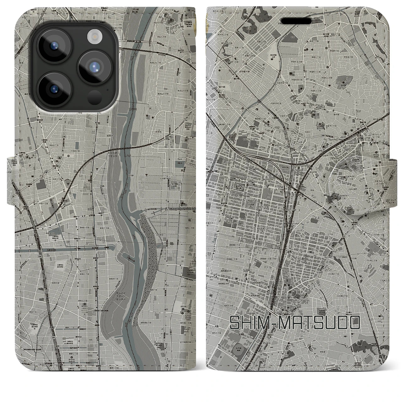 【新松戸】地図柄iPhoneケース（手帳両面タイプ・モノトーン）iPhone 15 Pro Max 用