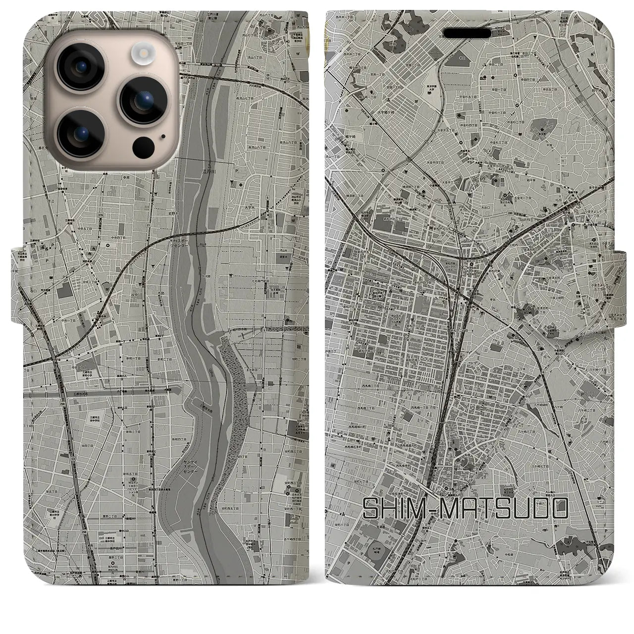 【新松戸（千葉県）】地図柄iPhoneケース（手帳タイプ）モノトーン・iPhone 16 Plus 用