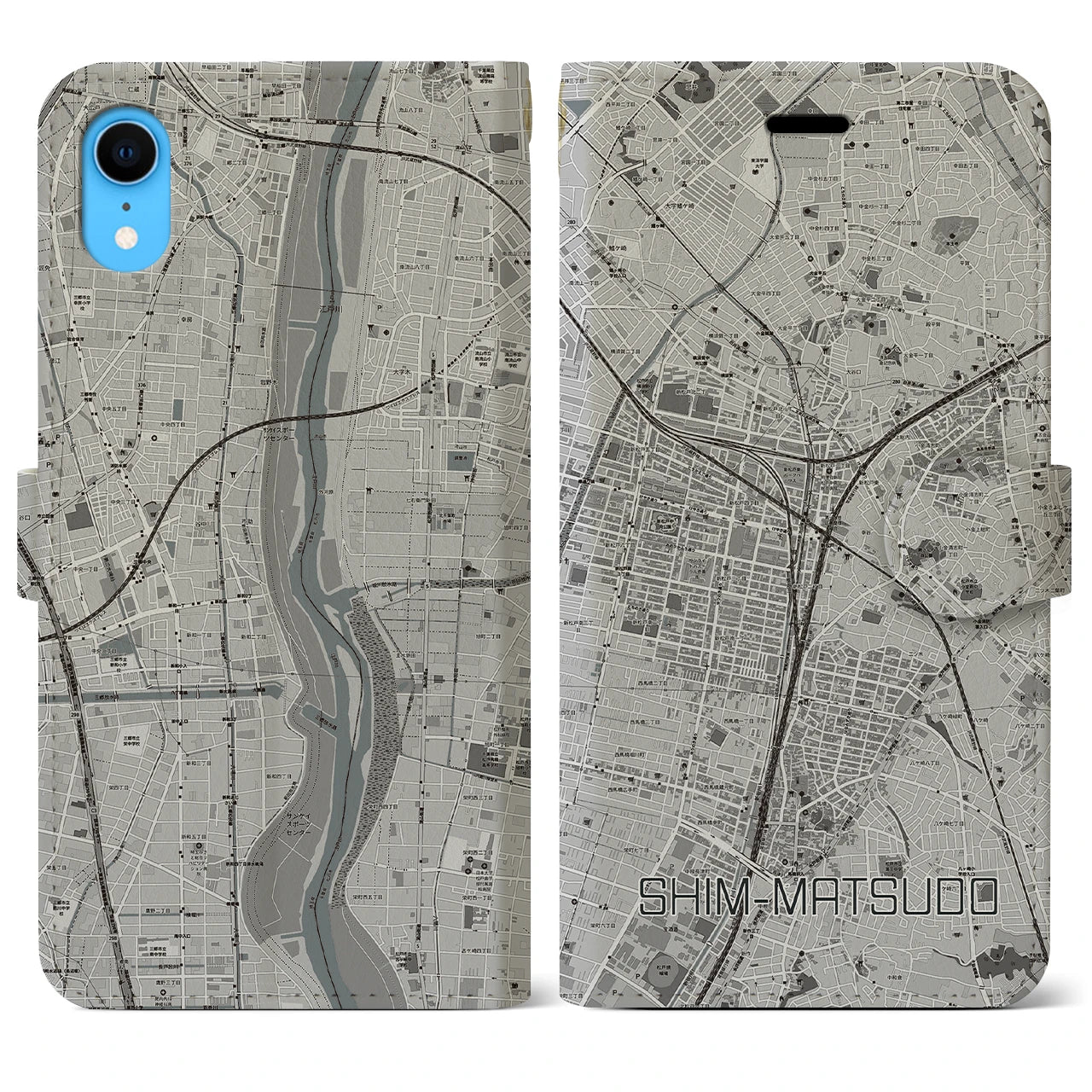 【新松戸】地図柄iPhoneケース（手帳両面タイプ・モノトーン）iPhone XR 用