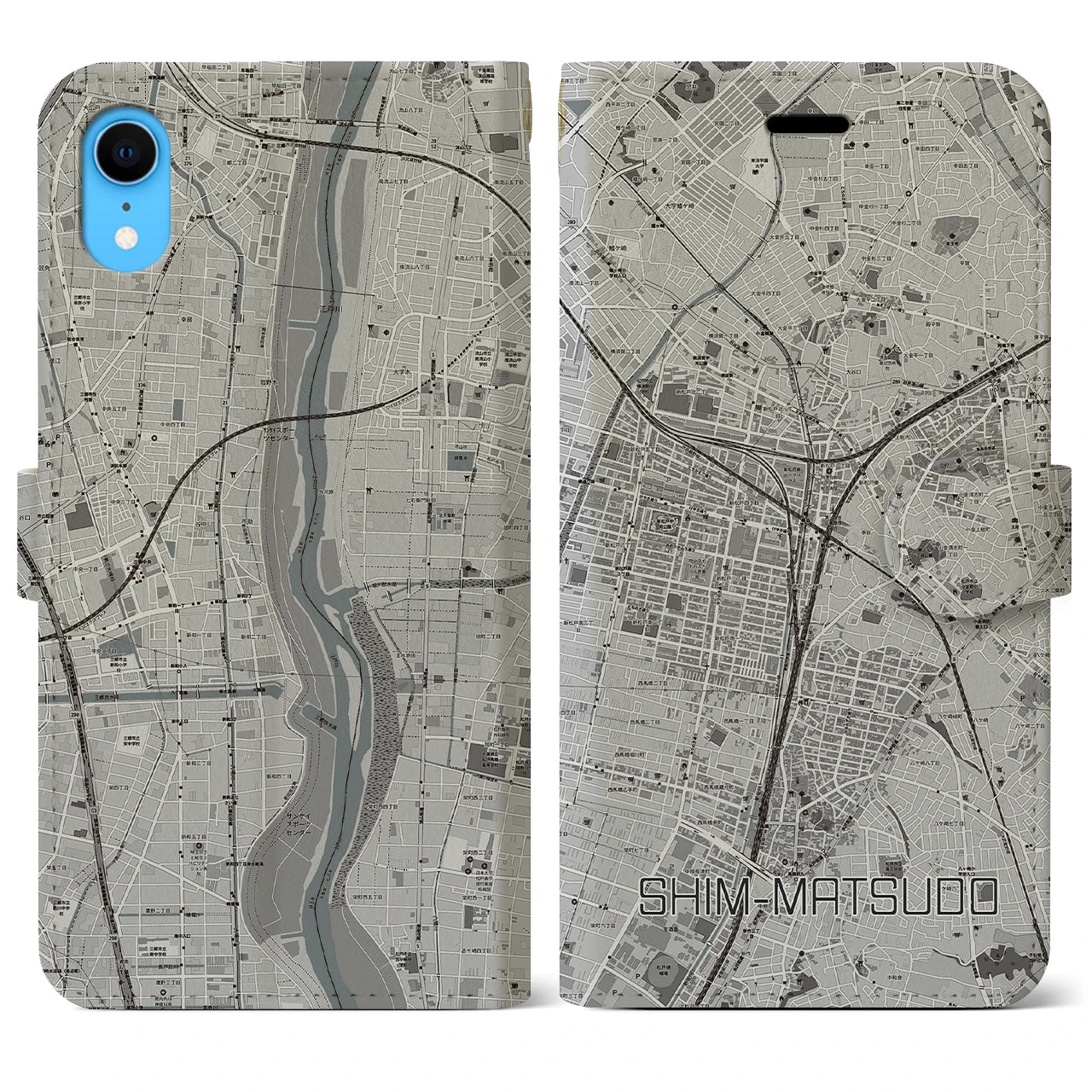 【新松戸（千葉県）】地図柄iPhoneケース（手帳タイプ）モノトーン・iPhone XR 用