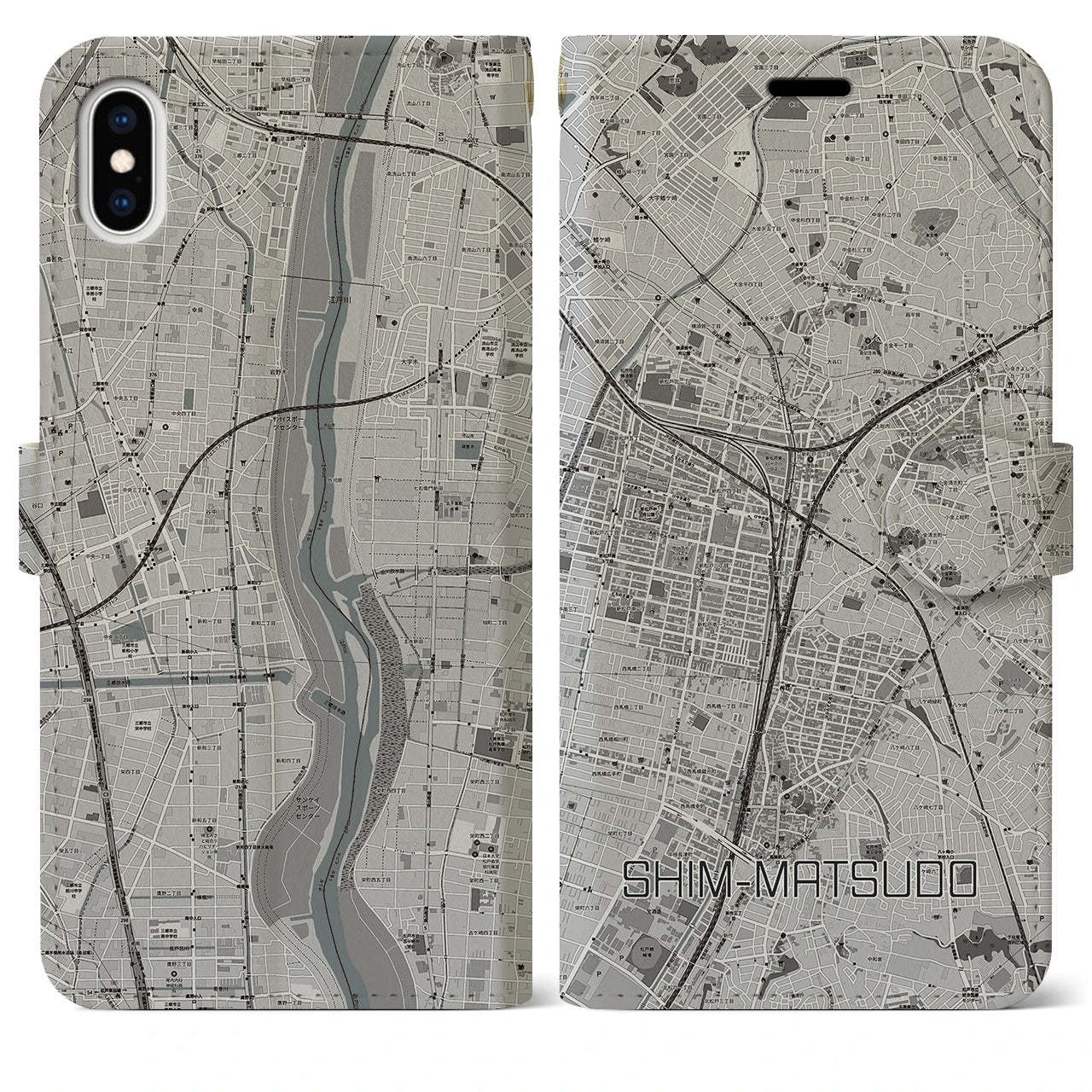 【新松戸（千葉県）】地図柄iPhoneケース（手帳タイプ）モノトーン・iPhone XS Max 用