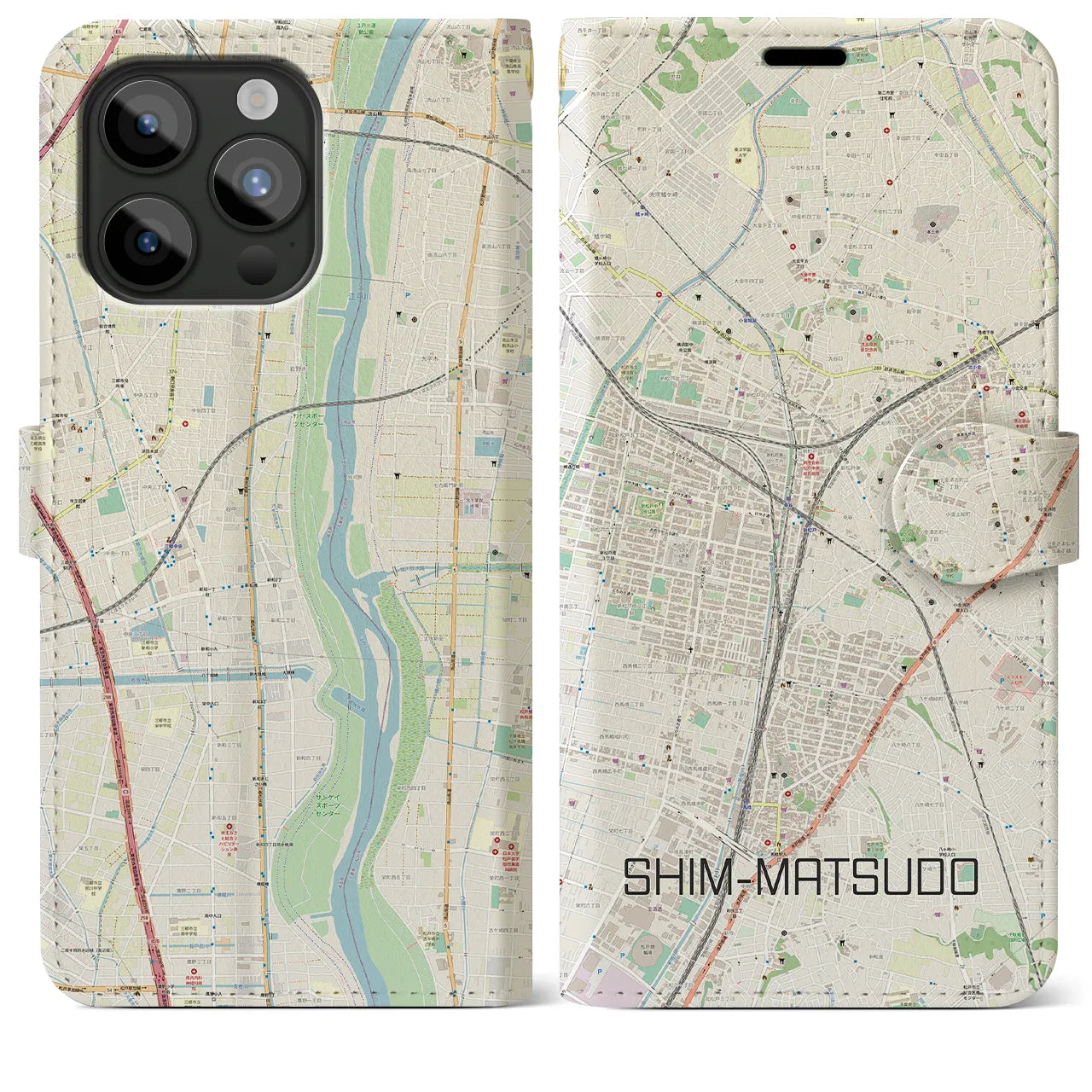 【新松戸（千葉県）】地図柄iPhoneケース（手帳タイプ）ナチュラル・iPhone 15 Pro Max 用