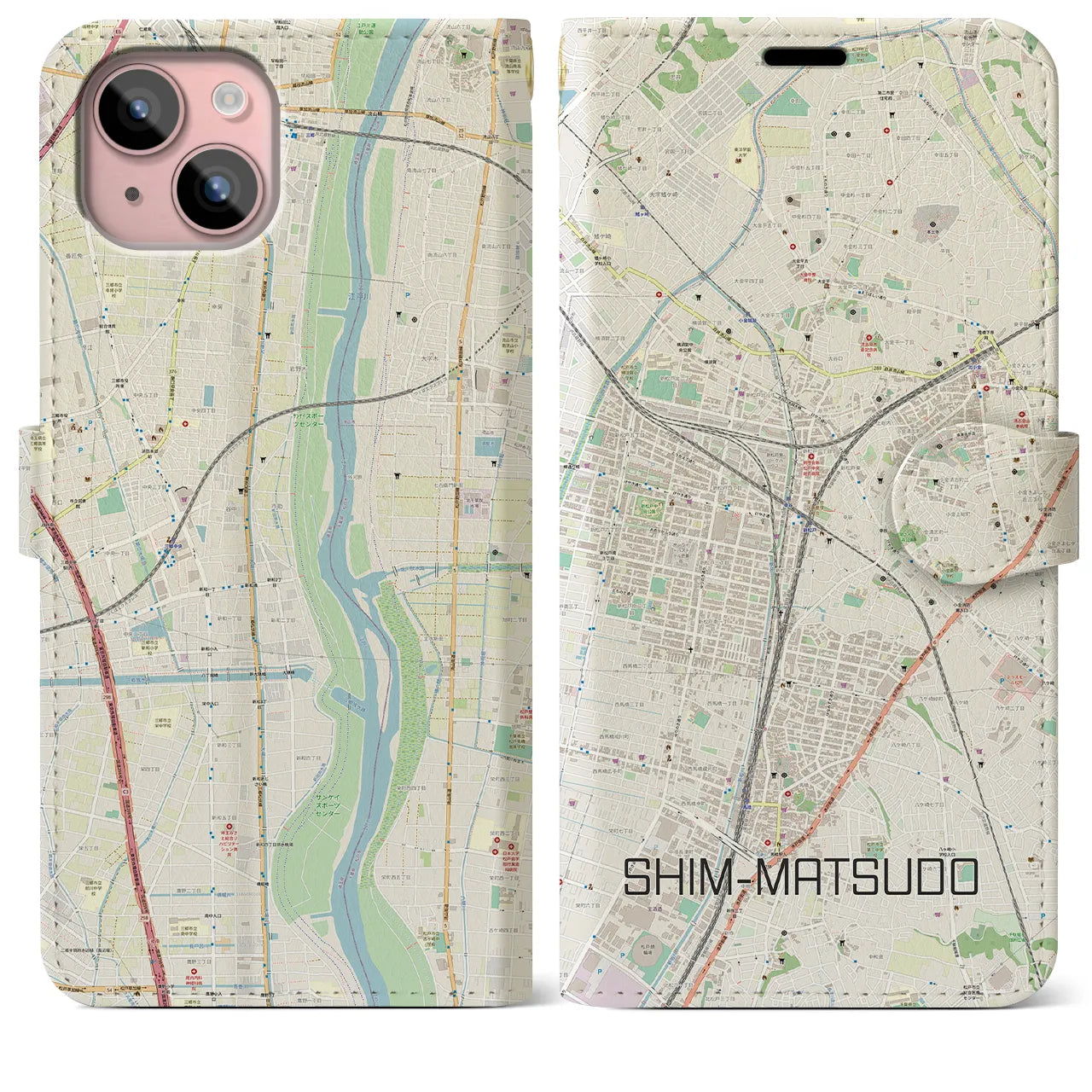 【新松戸（千葉県）】地図柄iPhoneケース（手帳タイプ）ナチュラル・iPhone 15 Plus 用