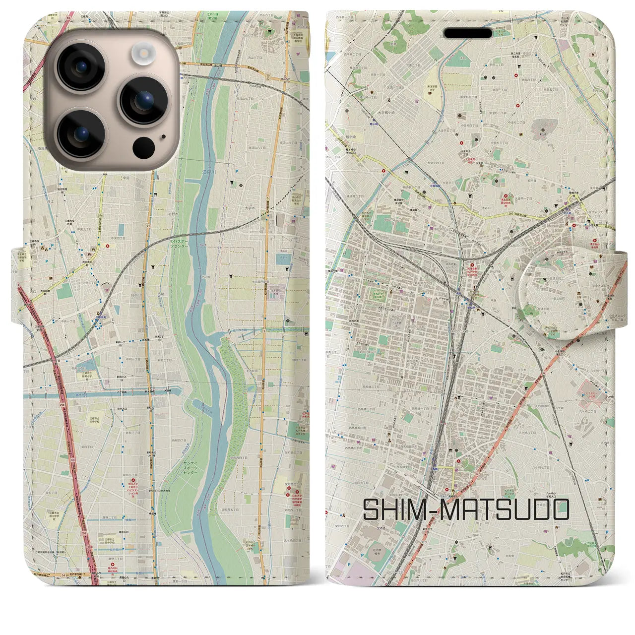 【新松戸（千葉県）】地図柄iPhoneケース（手帳タイプ）ナチュラル・iPhone 16 Plus 用