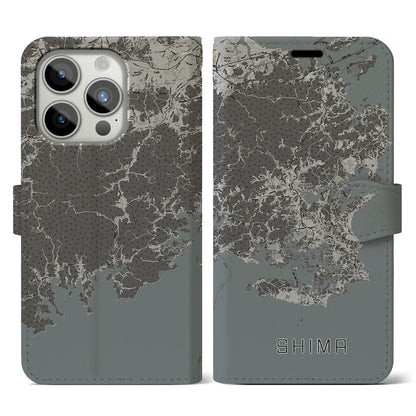 【志摩（三重県）】地図柄iPhoneケース（手帳タイプ）モノトーン・iPhone 15 Pro 用