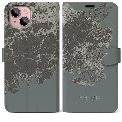 【志摩（三重県）】地図柄iPhoneケース（手帳タイプ）モノトーン・iPhone 15 Plus 用