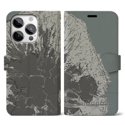 【島原（長崎県）】地図柄iPhoneケース（手帳タイプ）モノトーン・iPhone 14 Pro 用