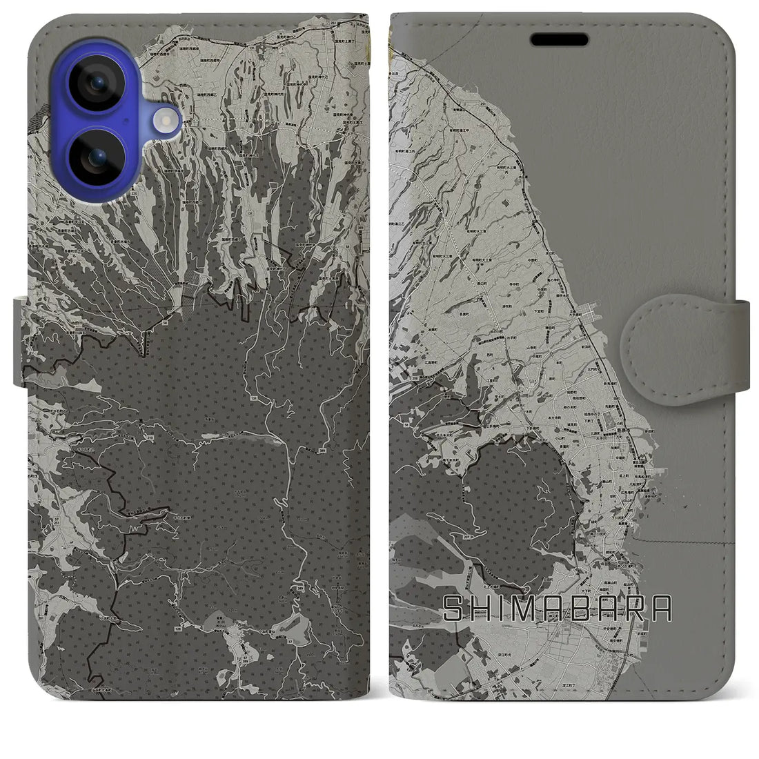 【島原(長崎県)】地図柄iPhoneケース(手帳タイプ)モノトーン・iPhone 16 Pro Max 用