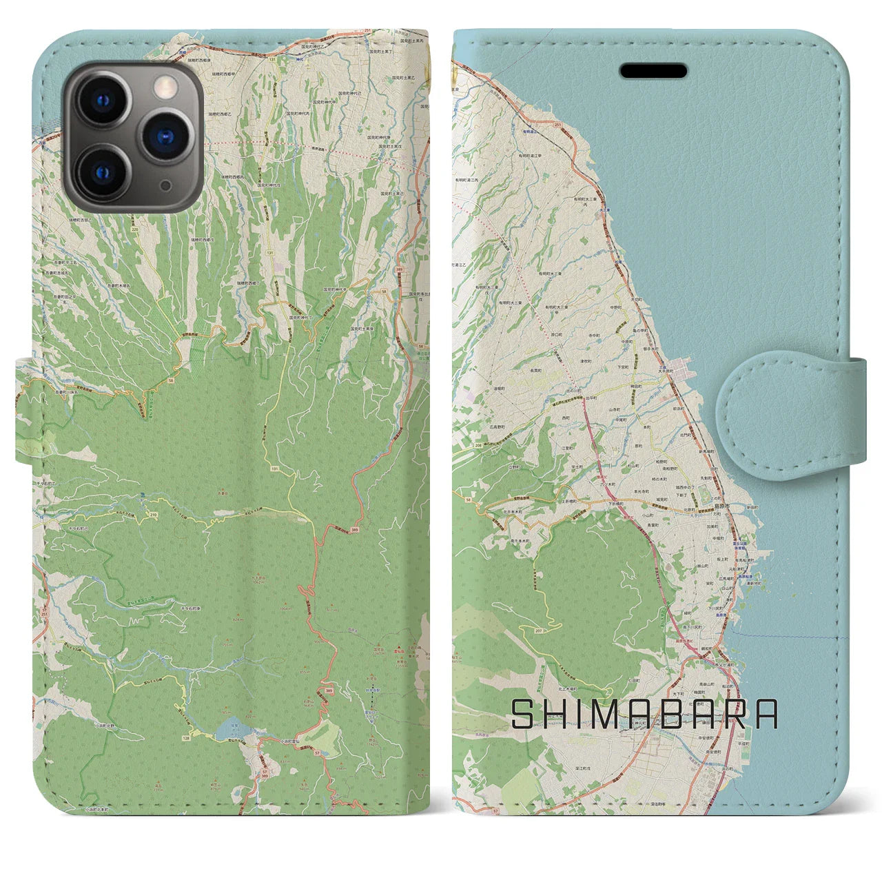 【島原（長崎県）】地図柄iPhoneケース（手帳タイプ）ナチュラル・iPhone 11 Pro Max 用