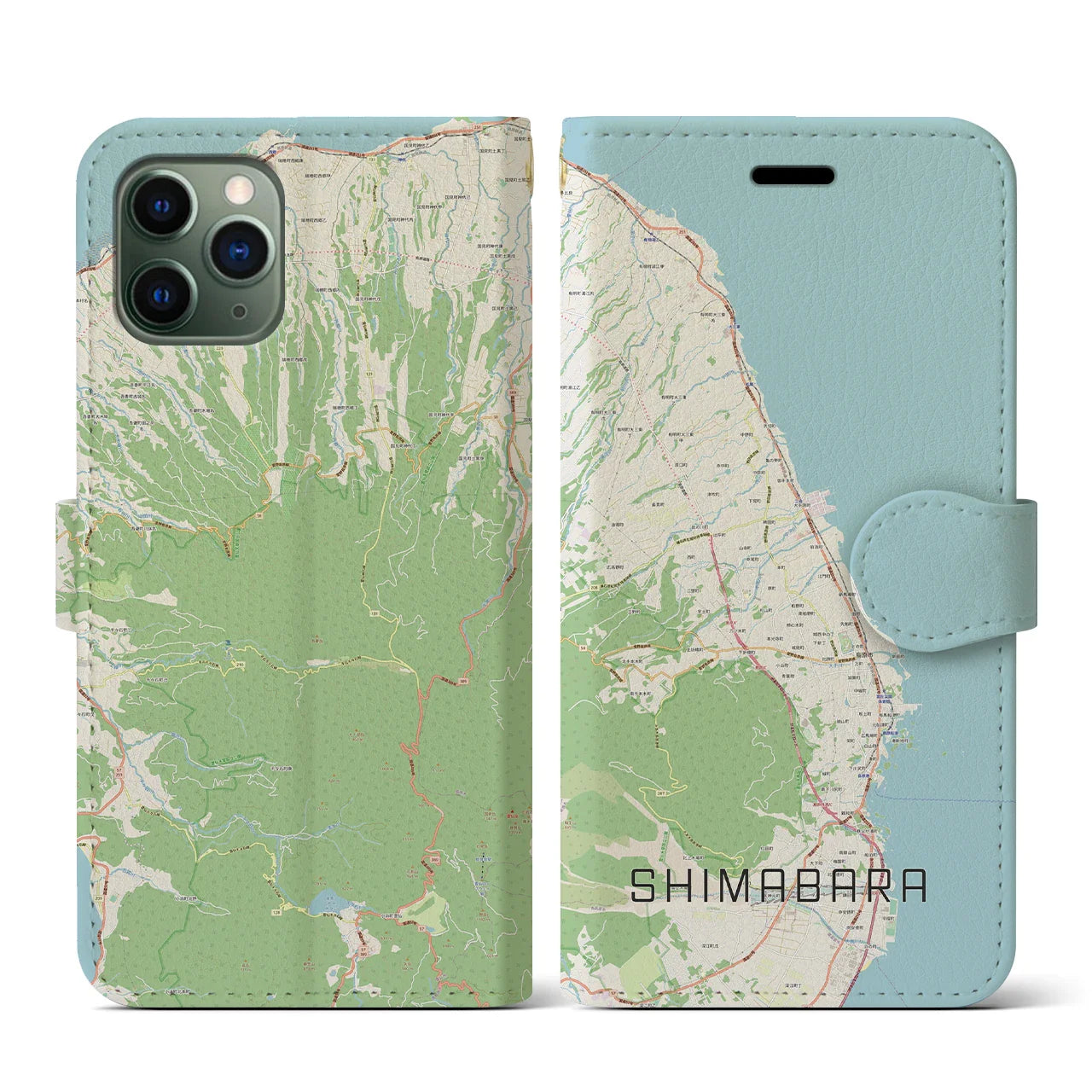 【島原（長崎県）】地図柄iPhoneケース（手帳タイプ）ナチュラル・iPhone 11 Pro 用