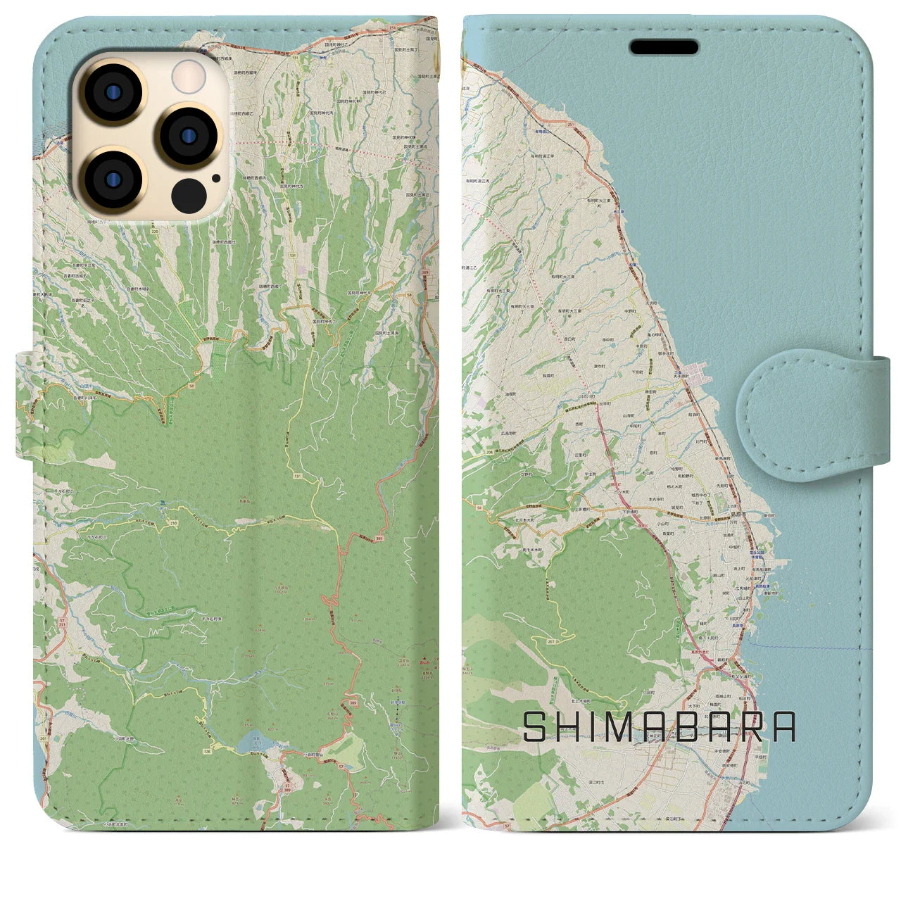 【島原（長崎県）】地図柄iPhoneケース（手帳タイプ）ナチュラル・iPhone 12 Pro Max 用