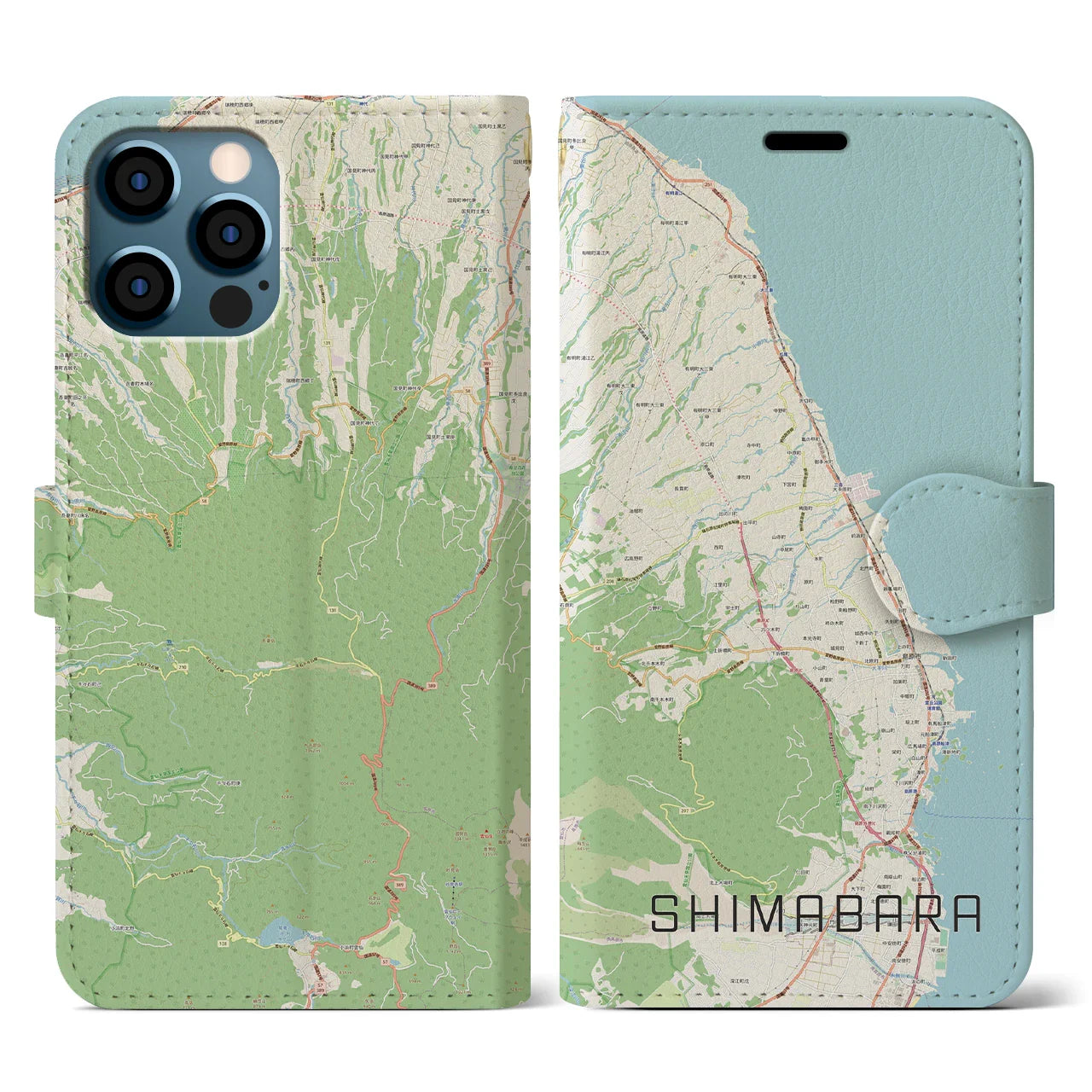 【島原（長崎県）】地図柄iPhoneケース（手帳タイプ）ナチュラル・iPhone 12 / 12 Pro 用