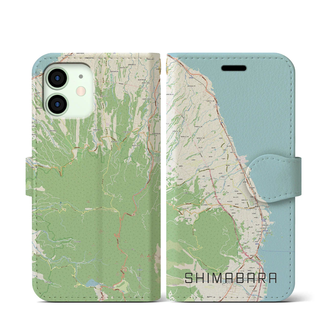 【島原（長崎県）】地図柄iPhoneケース（手帳タイプ）ナチュラル・iPhone 12 mini 用