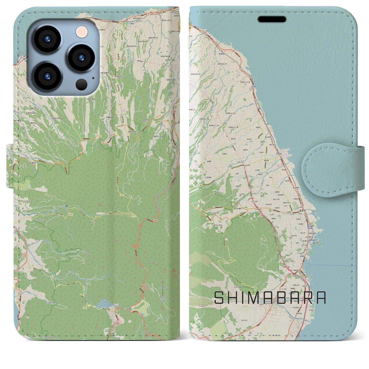 【島原（長崎県）】地図柄iPhoneケース（手帳タイプ）ナチュラル・iPhone 13 Pro Max 用