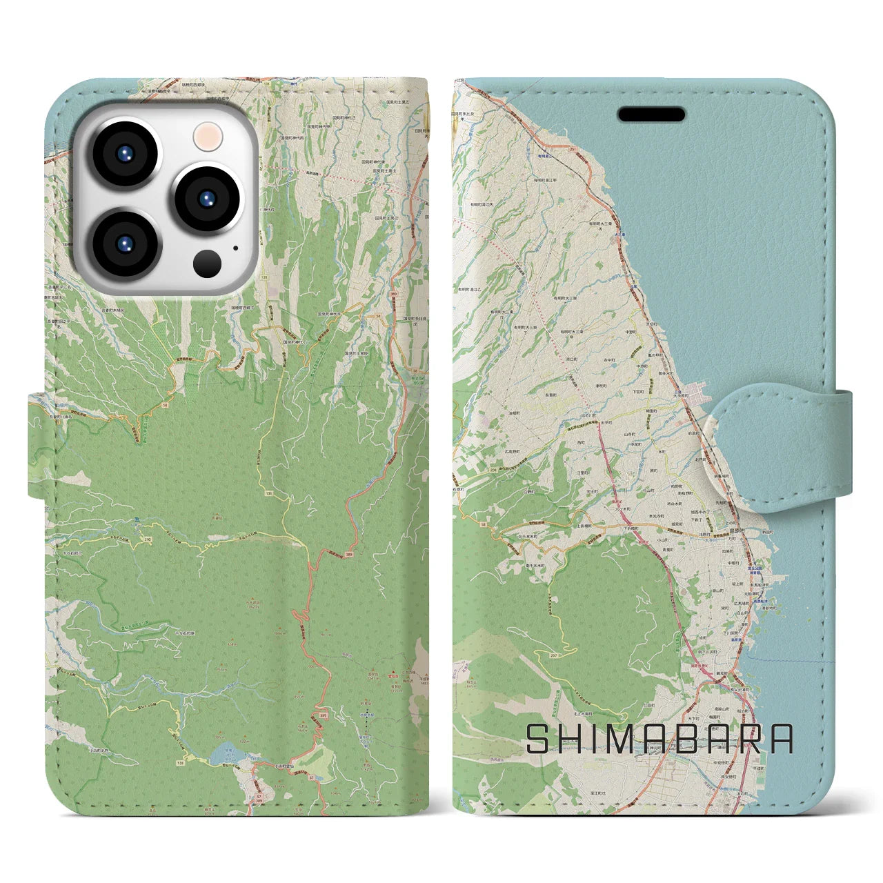 【島原（長崎県）】地図柄iPhoneケース（手帳タイプ）ナチュラル・iPhone 13 Pro 用