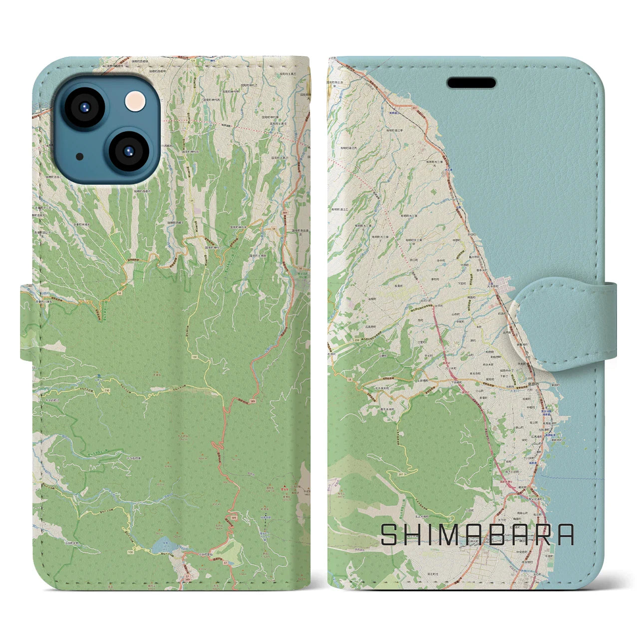 【島原（長崎県）】地図柄iPhoneケース（手帳タイプ）ナチュラル・iPhone 13 用