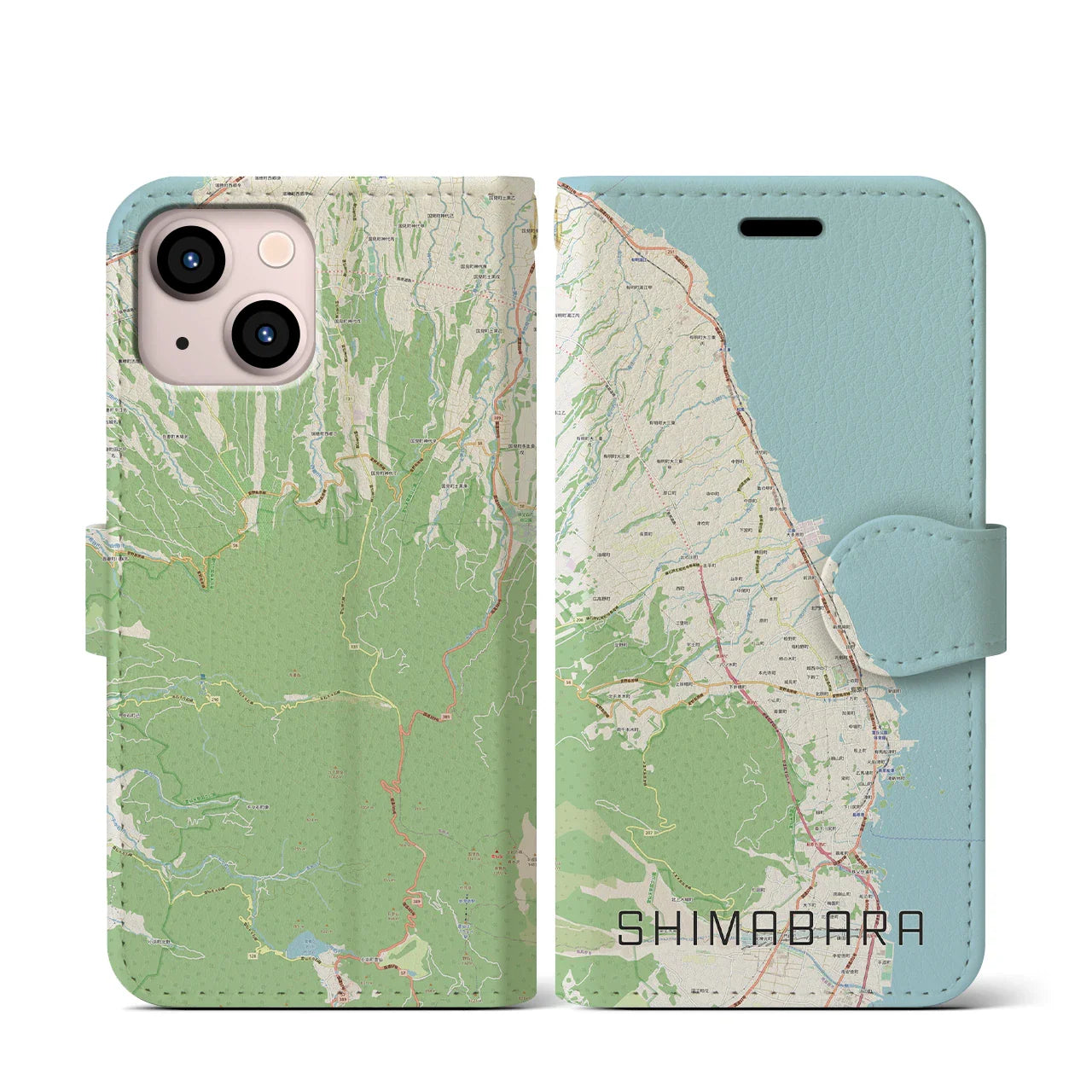 【島原（長崎県）】地図柄iPhoneケース（手帳タイプ）ナチュラル・iPhone 13 mini 用