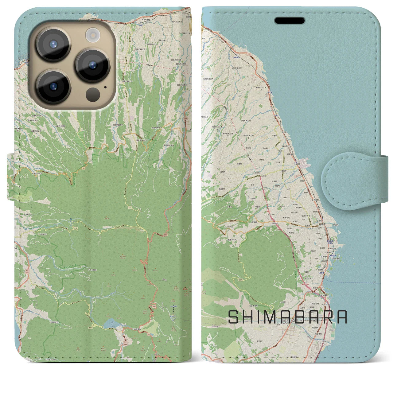 【島原（長崎県）】地図柄iPhoneケース（手帳タイプ）ナチュラル・iPhone 14 Pro Max 用