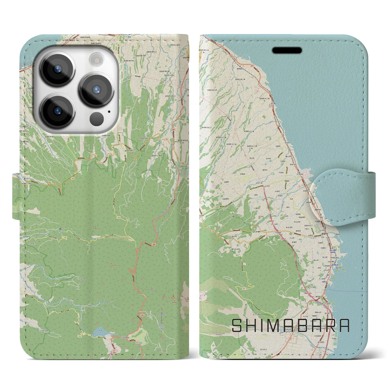 【島原（長崎県）】地図柄iPhoneケース（手帳タイプ）ナチュラル・iPhone 14 Pro 用