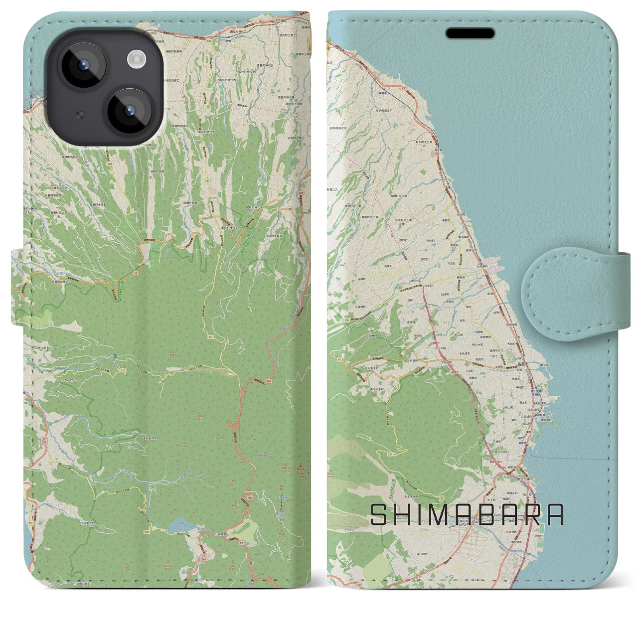 【島原（長崎県）】地図柄iPhoneケース（手帳タイプ）ナチュラル・iPhone 14 Plus 用