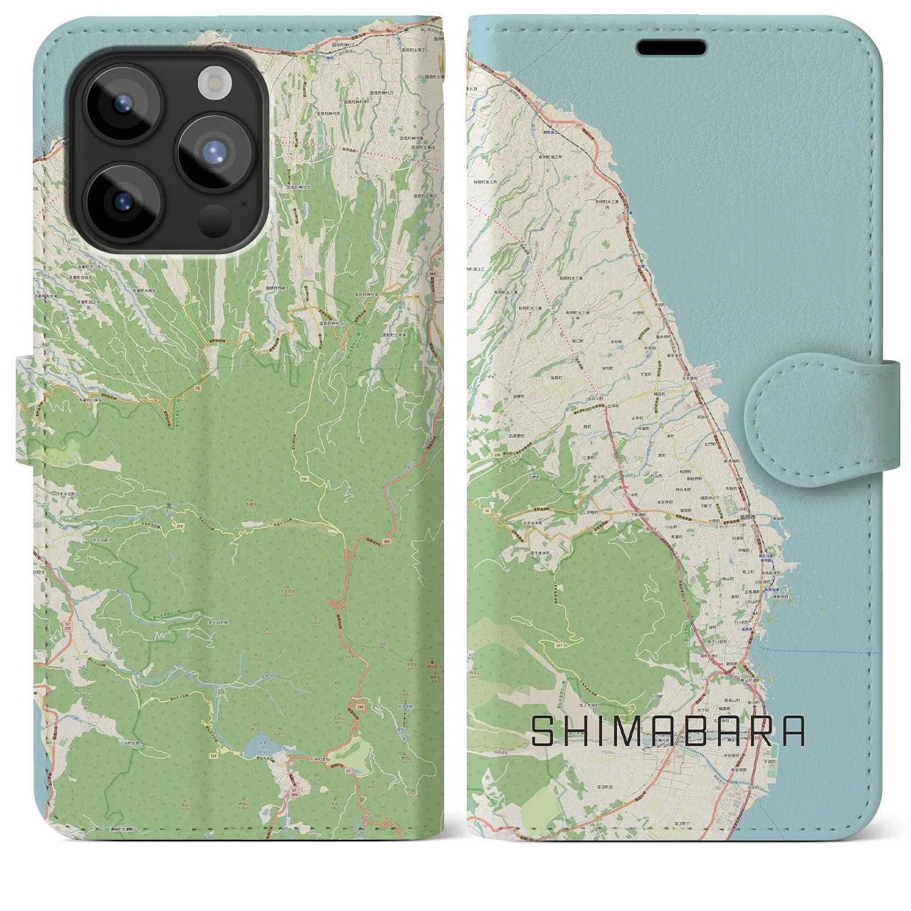 【島原（長崎県）】地図柄iPhoneケース（手帳タイプ）ナチュラル・iPhone 15 Pro Max 用