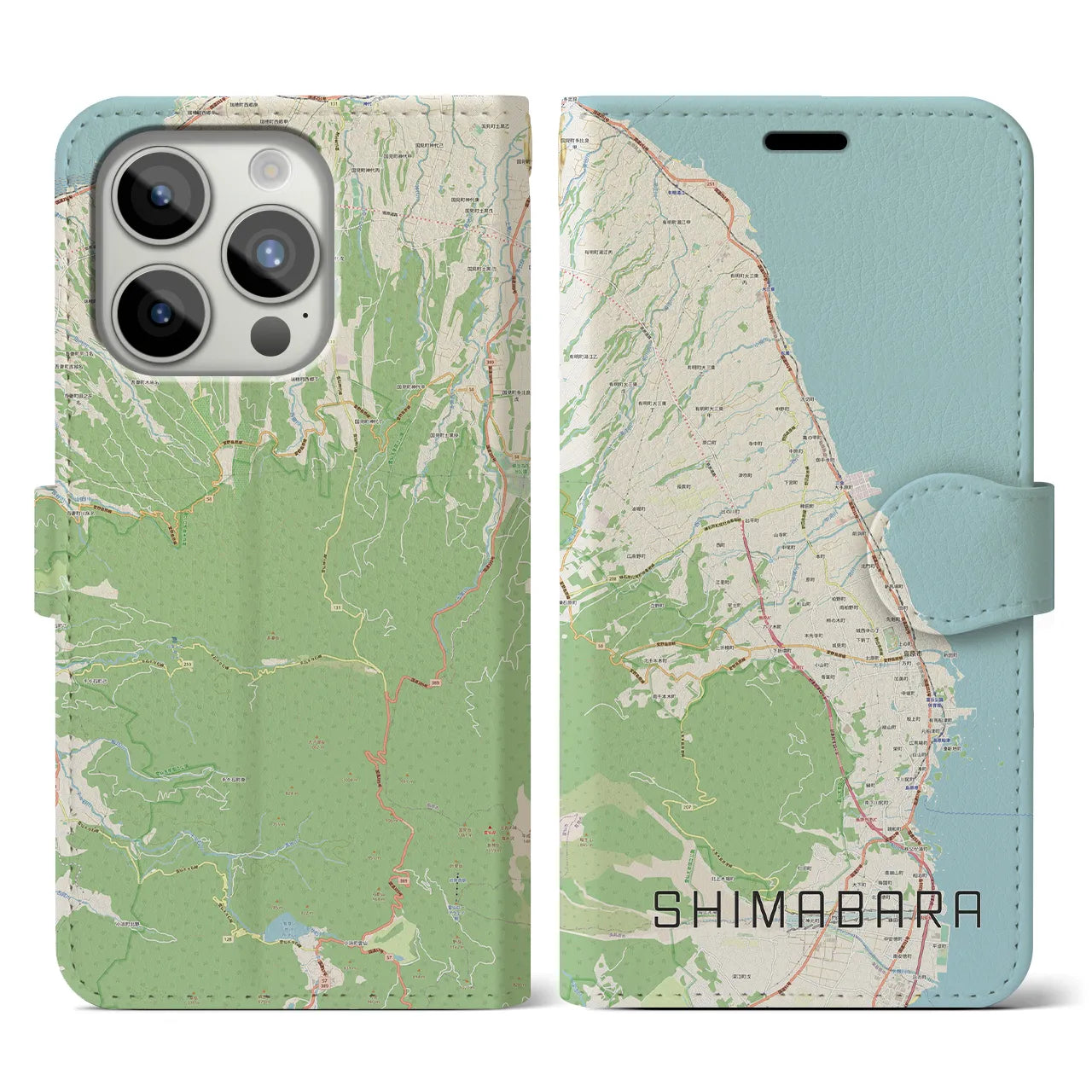 【島原（長崎県）】地図柄iPhoneケース（手帳タイプ）ナチュラル・iPhone 15 Pro 用