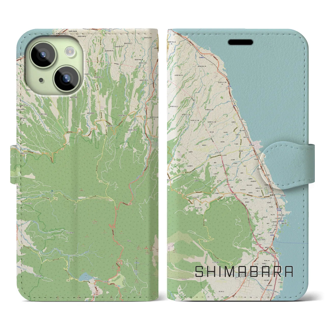 【島原（長崎県）】地図柄iPhoneケース（手帳タイプ）ナチュラル・iPhone 15 用