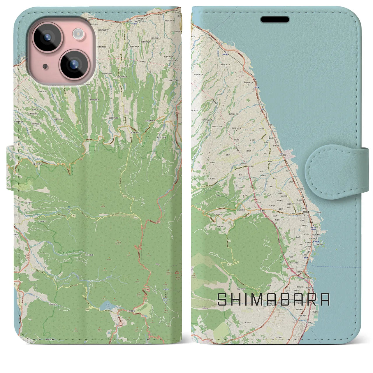 【島原（長崎県）】地図柄iPhoneケース（手帳タイプ）ナチュラル・iPhone 15 Plus 用