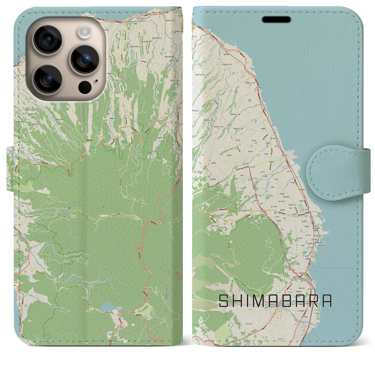 【島原（長崎県）】地図柄iPhoneケース（手帳タイプ）ナチュラル・iPhone 16 Plus 用