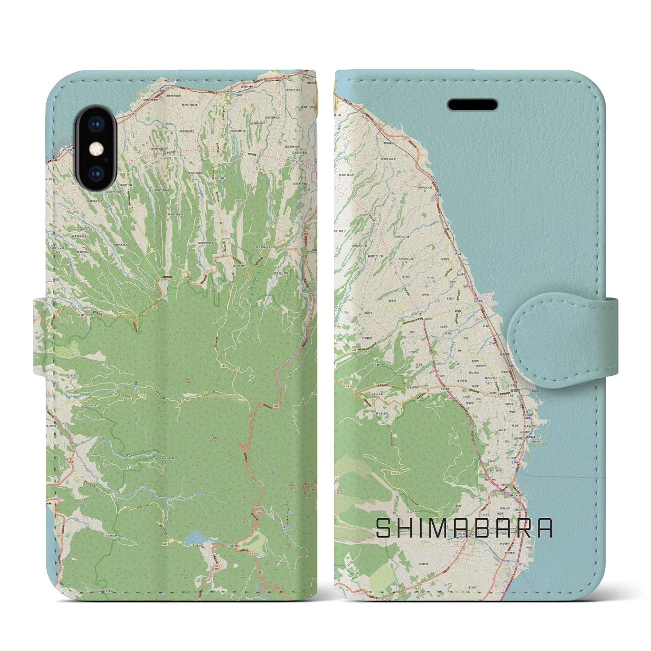 【島原（長崎県）】地図柄iPhoneケース（手帳タイプ）ナチュラル・iPhone XS / X 用