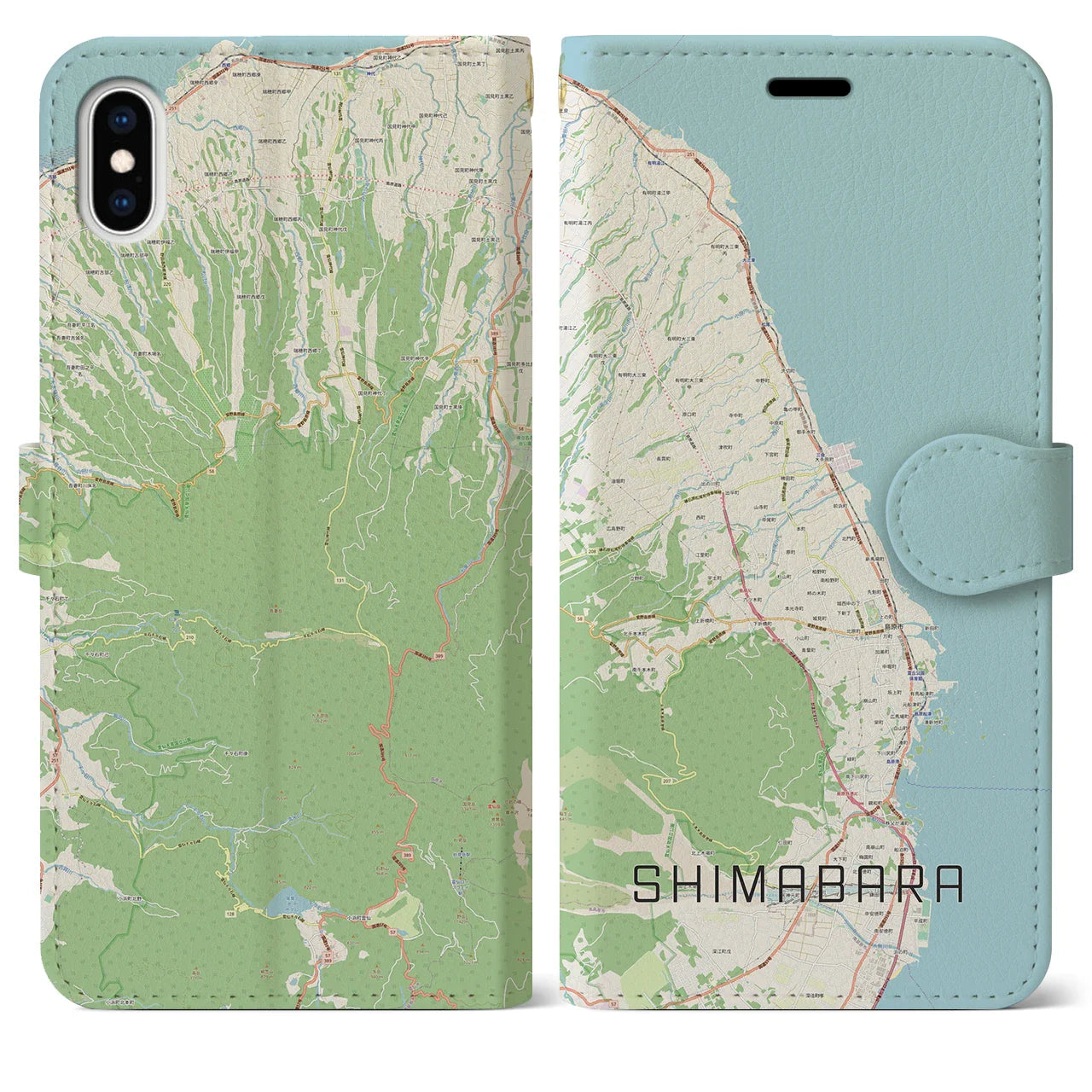 【島原（長崎県）】地図柄iPhoneケース（手帳タイプ）ナチュラル・iPhone XS Max 用