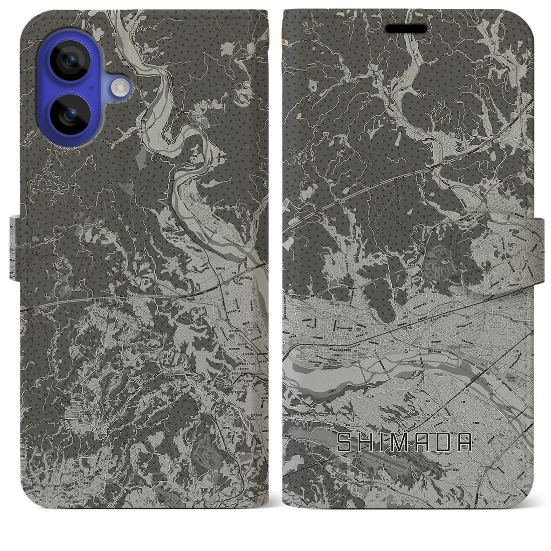 【島田(静岡県)】地図柄iPhoneケース(手帳タイプ)モノトーン・iPhone 16 Pro Max 用